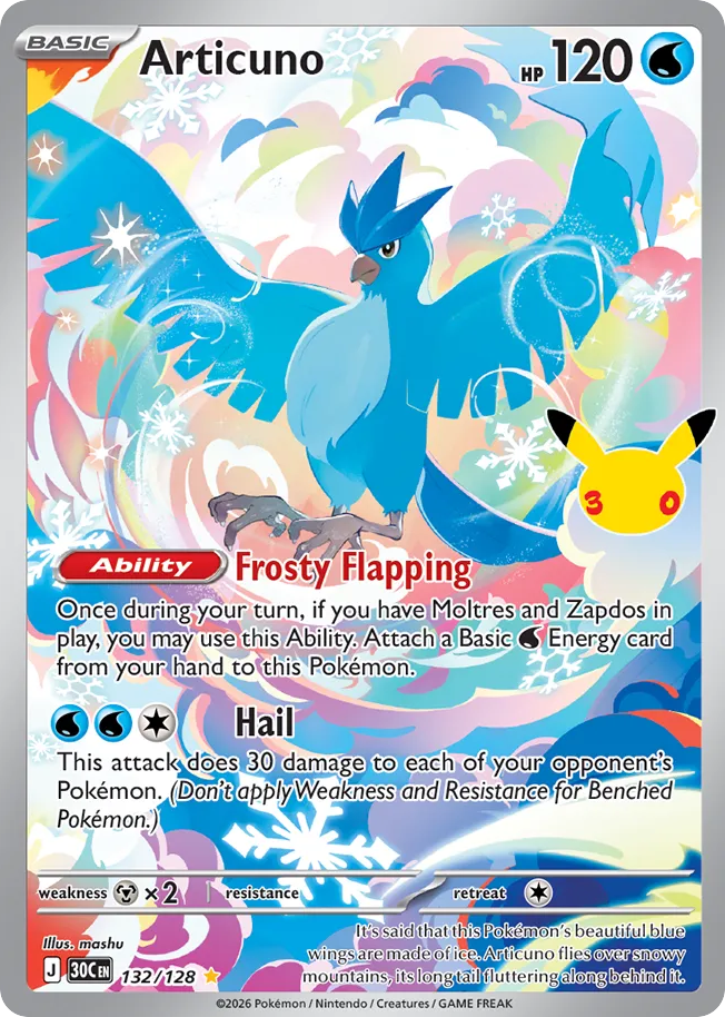 Articuno illustration rare 132 of 128 from 30th Celebration, illustrated by mashu