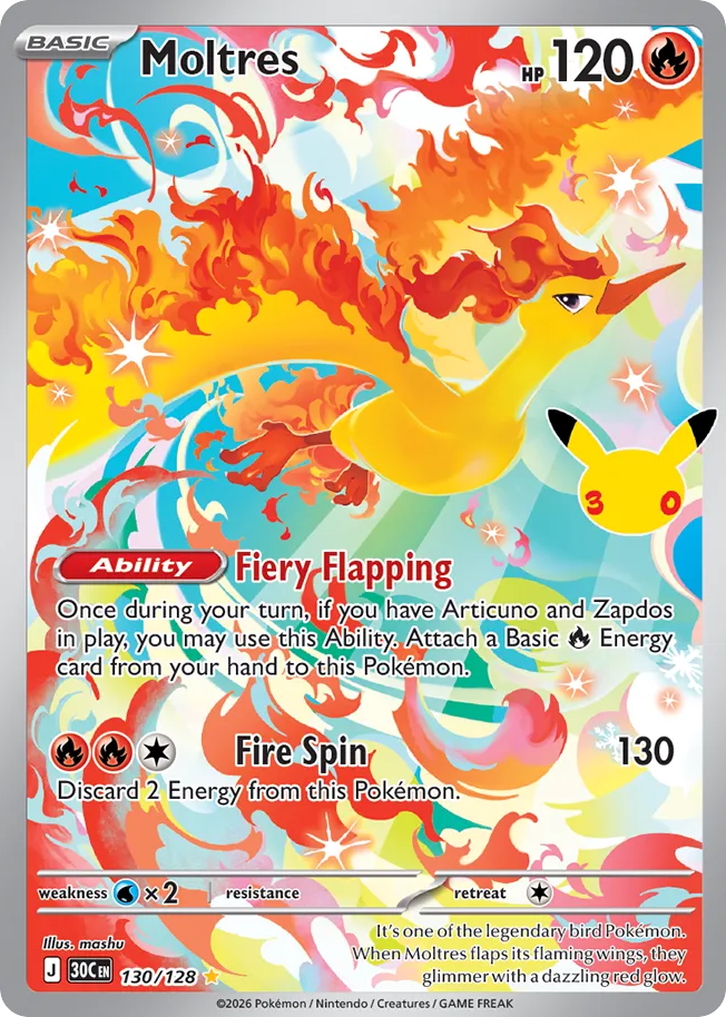Moltres illustration rare 130 of 128 from 30th Celebration, illustrated by mashu