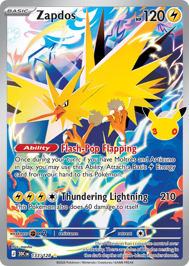 Zapdos illustration rare 133 of 128 from 30th Celebration, illustrated by mashu