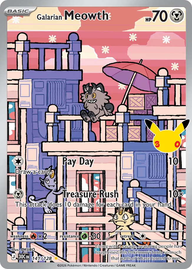 Galarian Meowth 141 of 128 illustration rare from 30th Celebration, illustrated by OKUBO, the dusk card