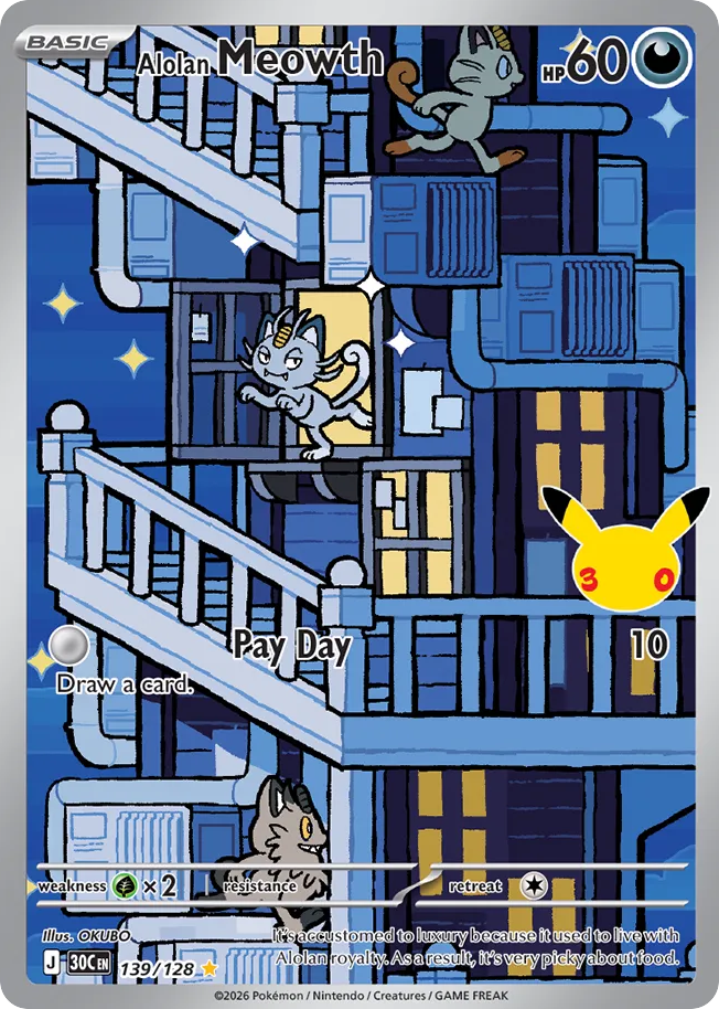 Alolan Meowth 139 of 128 illustration rare from 30th Celebration, illustrated by OKUBO, the night card